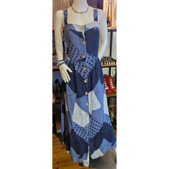 Blue Patchwork Long Linen Dress Large - Picture 1 of 6